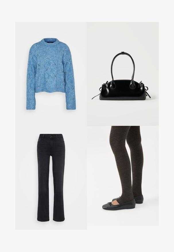 Vero Moda Tall VMLINA O NECK - Svetrík - allure melange; Čierne džínsy z denimu so strihom rovného nohavice, s predným zapínaním na gombík, piatimi vreckami a jemnými švovými detailmi.; Nohy v tmavých pásikavých legínach v kombinácii s čiernymi balerínkami s malými mašličkami na bielom pozadí.; Malá čierna lesklá kabelka s dvoma dlhými rúčkami a bočnými šnúrkovými detailmi na jednoduchom svetlom pozadí.