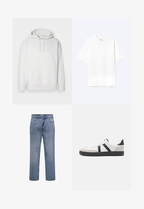 Haut à capuche blanc en tissu doux, doté d'une poche kangourou, d'une capuche avec cordon de serrage et d'un subtil texte en relief. Coupe standard avec des poignets côtelés.; T-shirt blanc uni à manches courtes et col rond avec une coupe décontractée, présenté sur un fond clair.; Jean droit en denim bleu clair avec fermeture par bouton et zip, poches à l’avant et à l’arrière.; Baskets blanches avec des accents noirs et gris, présentant un embout texturé gris, une semelle en caoutchouc noir et des lacets plats blancs. Design épuré, style minimaliste.
