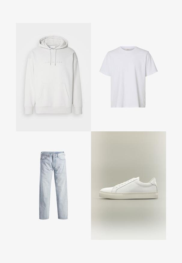 Haut à capuche blanc en tissu doux, doté d'une poche kangourou, d'une capuche avec cordon de serrage et d'un subtil texte en relief. Coupe standard avec des poignets côtelés.; T-shirt blanc uni à manches courtes, col rond, coupe régulière et texture de tissu lisse, présenté sur fond blanc.; Jean en denim bleu clair avec un design à jambe droite, fermeture à boutons, cinq poches et une texture de décoloration subtile. Il présente des accents en métal.; Baskets blanches basses à lacets sur l’avant et semelle épaisse, vues de côté sur un fond neutre.