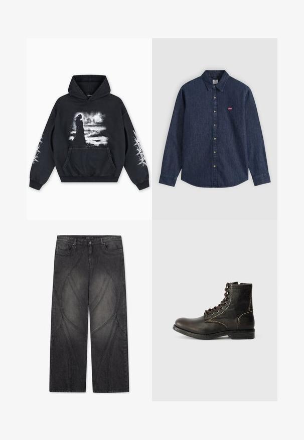 Schwarzer Hoodie mit einem vorderen Grafikdruck einer Figur vor einem wolkigen Hintergrund. Enthält eine Kängurutasche und Sternmuster auf den Ärmeln.; Dunkelblaues Denim-Hemd mit langen Ärmeln, Knopfleiste, spitzem Kragen und kleinem rotem Levi's-Logo auf der linken Brust.; FAVELA FLARED - Loose Jeans - black; Braune Leder-Ankle-Boots mit runder Zehenform, sieben Ösen-Design, weißen Nähten und strukturiertem Obermaterial. Robuste Gummisohle, klassischer Stil.