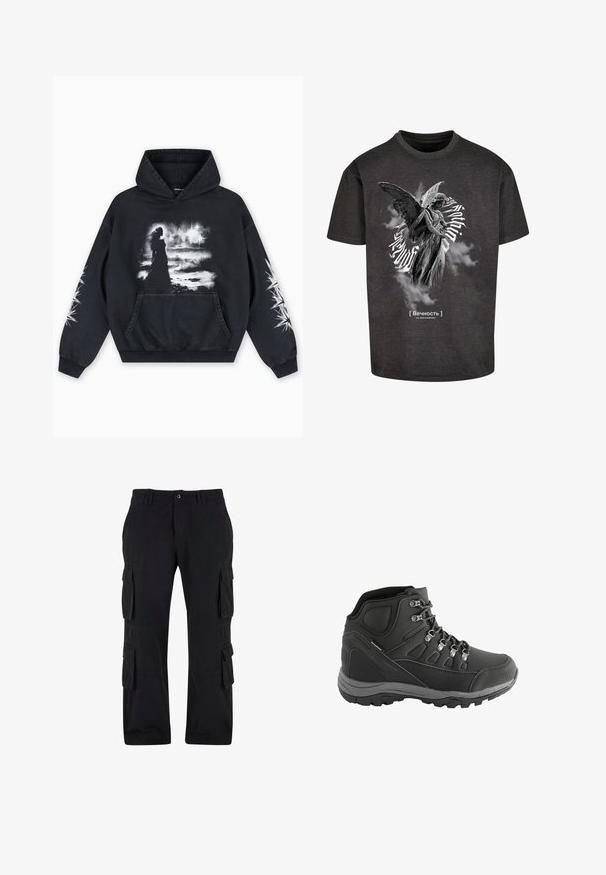 Schwarzer Hoodie mit einem vorderen Grafikdruck einer Figur vor einem wolkigen Hintergrund. Enthält eine Kängurutasche und Sternmuster auf den Ärmeln.; Schwarzes Baumwoll-T-Shirt mit einem grauen Engel-Graphic, der Flügel und detaillierte Merkmale aufweist, umgeben von Wolkenmustern und weißem Text.; Schwarze Cargo-Hosen aus Baumwollstoff mit mehreren Seitentaschen, einer lockeren Passform und einem geraden Bein-Design.; Schwarzer wasserdichter Wanderschuh mit gepolstertem Kragen, metallischen Ösen und einer robusten Außensohle für verbesserte Traktion und Unterstützung.