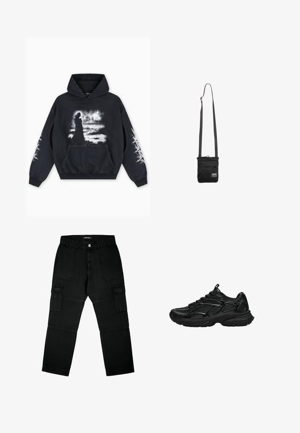 Schwarzer Hoodie mit einem vorderen Grafikdruck einer Figur vor einem wolkigen Hintergrund. Enthält eine Kängurutasche und Sternmuster auf den Ärmeln.; Schwarze Cargo-Hosen aus Denim, ausgestattet mit mehreren Taschen, einem geraden Schnitt und strukturiertem Stoff mit sichtbaren Nähdetails.; Schwarzer Sportschuh mit Mesh- und synthetischem Obermaterial, dicker gepolsterter Sohle und Schnürverschluss, seitlich auf weißem Hintergrund gezeigt.; Schwarze Umhängetasche mit verstellbarem Riemen und kleinem weißem rechteckigem Logopatch auf der unteren Vorderseite.