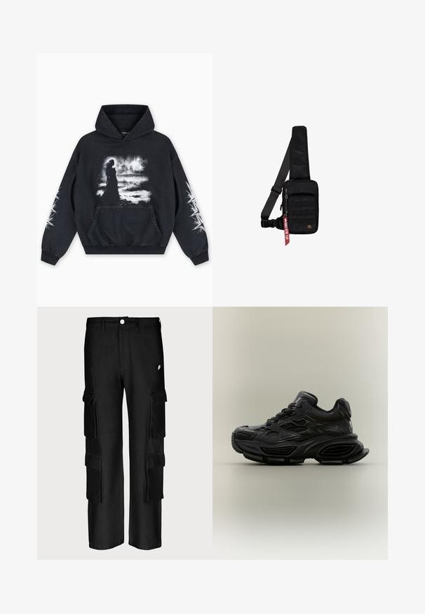 Zwarte hoodie met een voorkant bedrukking van een figuur tegen een bewolkte achtergrond. Voorzien van een kangoeroezak en sterpatronen op de mouwen.; Zwarte cargobroek met een losse pasvorm, meerdere zijzakken, een knoopsluiting en een gladde stoftextuur.; Zwarte chunky sneaker met textuurontwerp, dikke zool en vetersluiting, weergegeven tegen een eenvoudige neutrale achtergrond.; Zwarte schoudertas gemaakt van gestructureerde stof. Heeft een hoofdvak met rits, een voorvak met band, een verstelbare riem en een decoratief label.