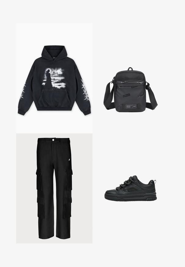 Zwarte hoodie met een voorkant bedrukking van een figuur tegen een bewolkte achtergrond. Voorzien van een kangoeroezak en sterpatronen op de mouwen.; Zwarte cargobroek met een losse pasvorm, meerdere zijzakken, een knoopsluiting en een gladde stoftextuur.; Zwarte lage sneaker met dikke zool, gevoerde kraag, meshpanelen en dikke veters, afgebeeld tegen een witte achtergrond.; Zwarte schoudertas van duurzaam materiaal, met een getextureerd voorpaneel met reliëf logo's, een verstelbare schouderband en ritsvakken.