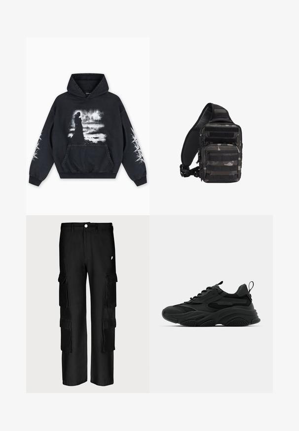 Schwarzer Hoodie mit einem vorderen Grafikdruck einer Figur vor einem wolkigen Hintergrund. Enthält eine Kängurutasche und Sternmuster auf den Ärmeln.; Schwarze Cargo-Hosen mit lockerer Passform, mehreren Seitentaschen, einem Knopfverschluss und einer glatten Stofftextur.; Schwarze Sportschuhe mit einer dicken Sohle, Mesh-Einsätzen und Gummidetails. Verfügen über eine Zuglasche an der Ferse und strukturierte Muster.; Kompakte schwarze und graue Camouflage-Taktik-Slingtasche mit mehreren Reißverschlussfächern und verstellbarem, gepolstertem Schultergurt.