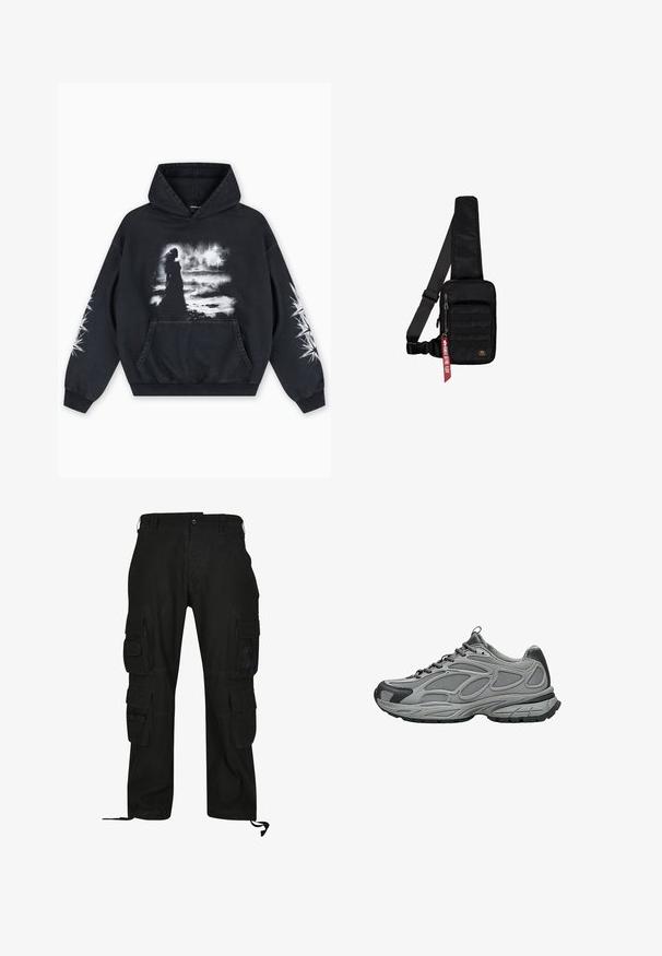 Sweat à capuche noir présentant un imprimé graphique au centre montrant une silhouette sur un fond nuageux. Comprend une poche kangourou et des motifs d'étoiles sur les manches.; Pantalons cargo noirs en tissu durable, dotés de plusieurs poches latérales, d'une coupe décontractée et de sangles réglables aux chevilles.; Baskets de sport grises et noires avec dessus en mesh et synthétique, semelle épaisse texturée, lacets, et languette de tirette au talon et à la languette, vue de côté.; Sac bandoulière noir en tissu texturé. Comprend un compartiment principal à fermeture éclair, une poche avant avec sangle, une bandoulière réglable et une étiquette décorative.