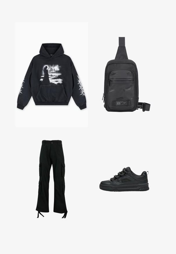 Zwarte hoodie met een voorkant bedrukking van een figuur tegen een bewolkte achtergrond. Voorzien van een kangoeroezak en sterpatronen op de mouwen.; Zwarte cargobroek van duurzaam materiaal met meerdere zijzakken, een rechte pijpdesign en strikjes aan de zoom voor een verstelbare pasvorm.; Zwarte lage sneaker met dikke zool, gevoerde kraag, meshpanelen en dikke veters, afgebeeld tegen een witte achtergrond.; Zwarte schoudertas gemaakt van duurzaam materiaal, met een gladde voorpaneel met reliëflogo's, een verstelbare schouderband en ritssluitingen.