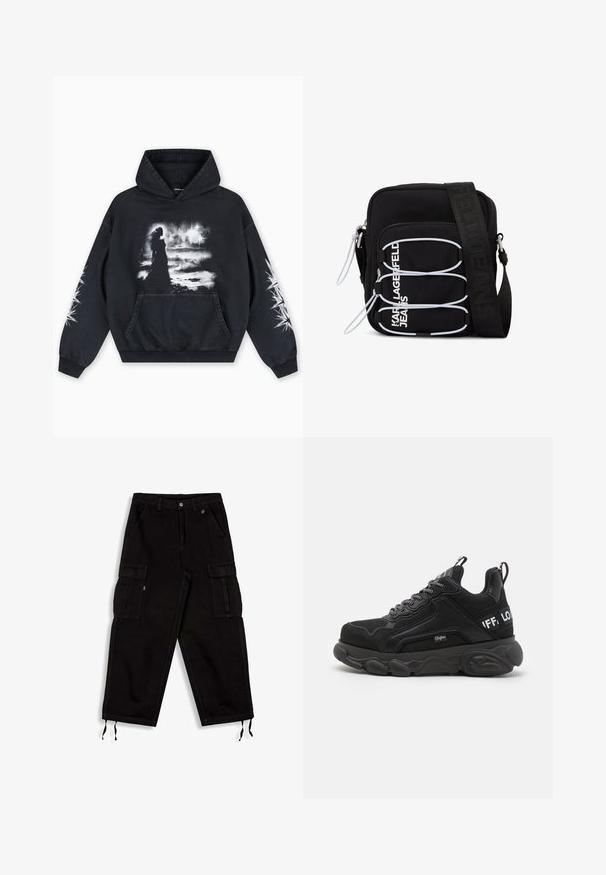 Sudadera con capucha negra con un estampado gráfico frontal de una figura sobre un fondo nublado. Incluye un bolsillo tipo canguro y patrones de estrellas en las mangas.; Pantalones cargo negros hechos de una tela duradera con un corte relajado, que cuentan con múltiples bolsillos laterales y dobladillos ajustables.; Zapatillas negras con suela gruesa, parte superior de malla y ante, diseño de cordones y acentos de logo. Detalles texturizados en los lados y la parte posterior.; Bolso bandolera negro con lazos elásticos blancos, tiradores de cremallera y texto blanco "KARL LAGERFELD JEANS" en el bolsillo delantero.