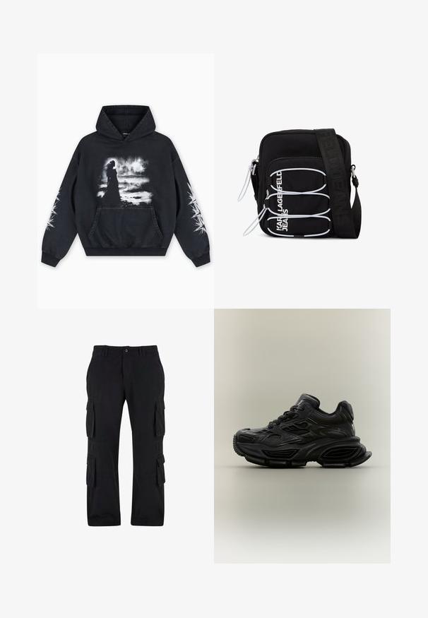 Sudadera con capucha negra con un estampado gráfico frontal de una figura sobre un fondo nublado. Incluye un bolsillo tipo canguro y patrones de estrellas en las mangas.; Pantalones cargo negros de algodón, con múltiples bolsillos laterales, un ajuste relajado y un diseño de pierna recta.; Zapatilla deportiva negra y gruesa con diseño texturizado, suela gruesa y cierre de cordones mostrada sobre un fondo neutro y sencillo.; Bolso bandolera negro con lazos elásticos blancos, tiradores de cremallera y texto blanco "KARL LAGERFELD JEANS" en el bolsillo delantero.