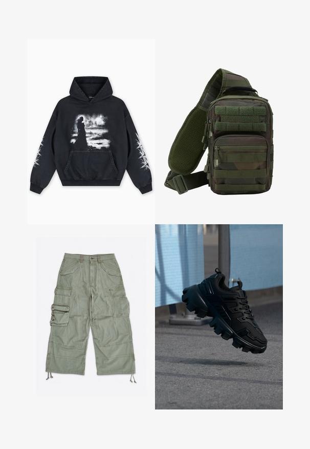 Zwarte hoodie met een voorkant bedrukking van een figuur tegen een bewolkte achtergrond. Voorzien van een kangoeroezak en sterpatronen op de mouwen.; Lichtgroene cargoshorts met meerdere klepzakken, riemlussen, knoopsluiting en verstelbare trekkoorden bij de broekspijpen.; Zwarte chunky sneaker met dikke profielzool die boven een grijze stoep zweeft, tegen een wazige lichtblauwe en grijze achtergrond.; Groene camouflage schoudertas met meerdere ritszakken, een verstelbare schouderband en een mesh achterpaneel voor ventilatie.