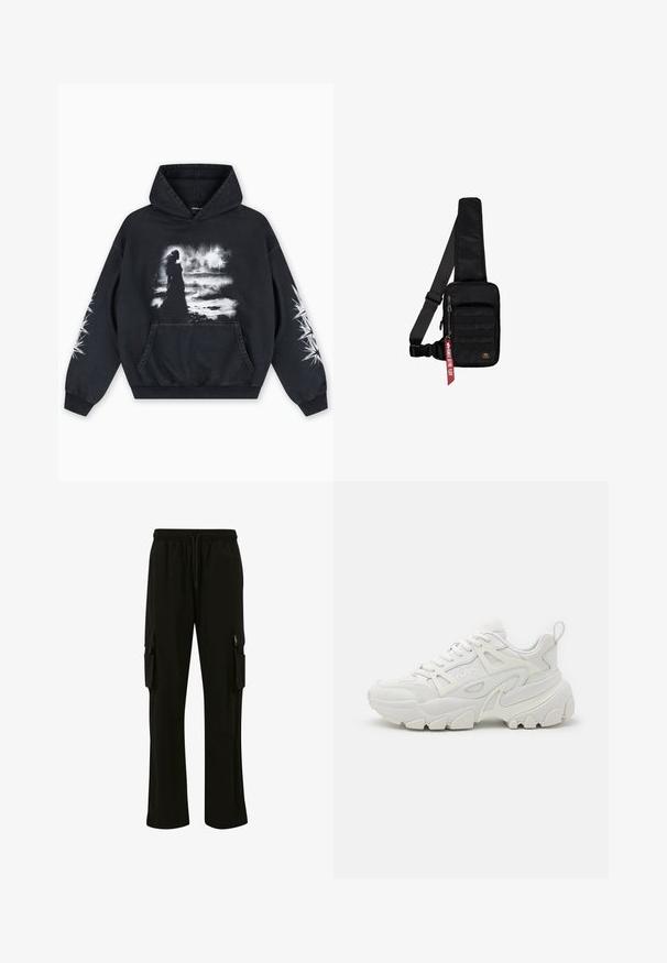 Schwarzer Hoodie mit einem vorderen Grafikdruck einer Figur vor einem wolkigen Hintergrund. Enthält eine Kängurutasche und Sternmuster auf den Ärmeln.; Schwarze Cargo-Hosen aus einem weichen Stoff, mit elastischem Bund, Kordelzug und mehreren Seitentaschen zur Aufbewahrung.; Weißer Sport-Sneaker mit strukturiertem Obermaterial, Mesh-Einsätzen, auffälliger Gummisohle und dekorativen Ausschnitten an den Seiten.; Schwarze Umhängetasche aus strukturiertem Stoff. Ausgestattet mit einem Reißverschluss-Hauptfach, einer vorderen Tasche mit Gurtband, verstellbarem Riemen und einem dekorativen Anhänger.