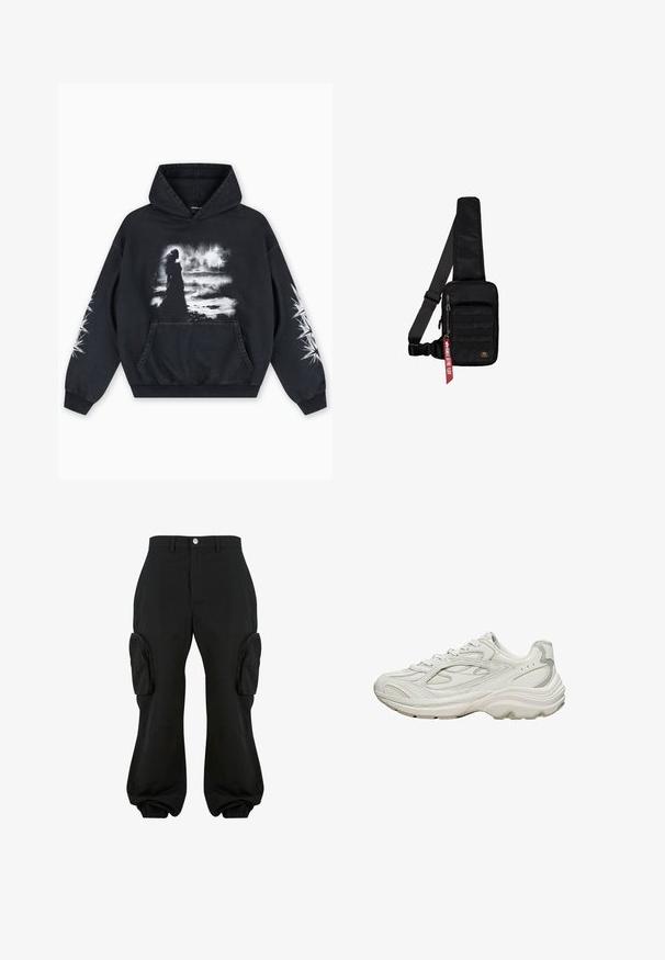 Schwarzer Hoodie mit einem vorderen Grafikdruck einer Figur vor einem wolkigen Hintergrund. Enthält eine Kängurutasche und Sternmuster auf den Ärmeln.; Schwarze Cargo-Hosen mit lockerer Passform, ausgestattet mit zwei seitlichen Cargo-Taschen, elastischen Bündchen an den Knöcheln und einem Knopfverschluss auf der Taille.; Weißer Sneaker mit strukturiertem Obermaterial und klobiger Sohle. Merkmale sind geschwungene Linien, dezente graue Akzente und ein Schnürdesign.; Schwarze Umhängetasche aus strukturiertem Stoff. Ausgestattet mit einem Reißverschluss-Hauptfach, einer vorderen Tasche mit Gurtband, verstellbarem Riemen und einem dekorativen Anhänger.