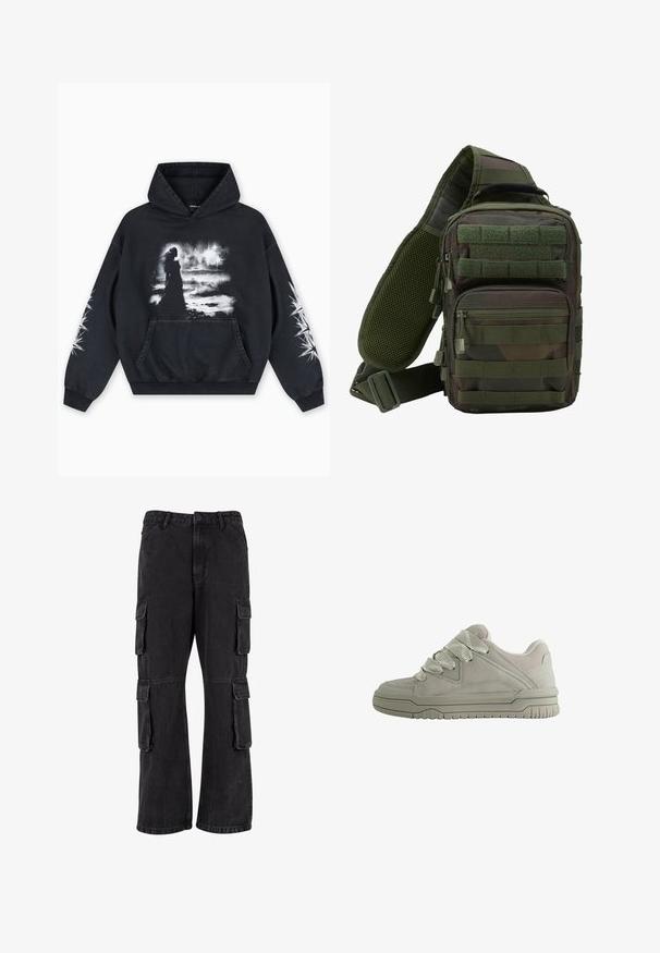 Zwarte hoodie met een voorkant bedrukking van een figuur tegen een bewolkte achtergrond. Voorzien van een kangoeroezak en sterpatronen op de mouwen.; Zwarte cargobroek van denim, met een losse pasvorm, meerdere zijzakken en gestikte details. De textuur is iets vervaagd.; Laag model grijze sneaker met dikke, gestructureerde veters, gevoerde kraag, gestikte panelen en een geribbeld rubberen zool voor grip.; Groene camouflage schoudertas met meerdere ritszakken, een verstelbare schouderband en een mesh achterpaneel voor ventilatie.