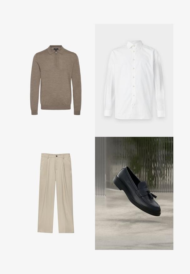 Pull léger marron avec un col zippé, des manches longues et une texture douce, fabriqué en maille fine.; Chemise blanche à manches longues avec boutons, col à l'italienne et poignets boutonnés, présentée sur un fond blanc uni.; Pantalon beige à coupe droite, doté d'un seul bouton noir, de passants de ceinture et de poches latérales. Texture de tissu lisse et design minimaliste.; Mocassins en cuir noir avec une texture lisse, un bout arrondi et des pampilles décoratives à l'avant. Semelle en caoutchouc flexible avec un petit talon.