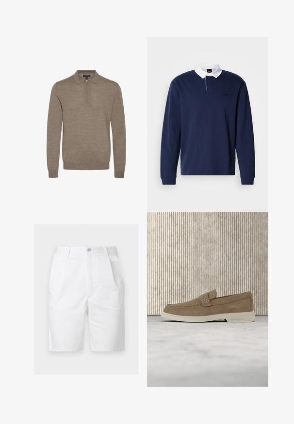 Lysebrunt pullover med lynlåskrave, lange ærmer og en blød struktur, lavet af fint strikket materiale.; Marineblå langærmet polo med hvid krave, knapstolpe og broderet logo. Blødt bomuldsmateriale, afslappet pasform og ribstrikkede manchetter.; Hvide knælange shorts med forreste folder, sidelommer, bæltestropper og knaplukning i taljen.; Beige ruskindslækker med hvid sål, detalje med mærkebånd, svævende over et struktureret beige tæppe, med et brunt, rundt møbelstykke i baggrunden.