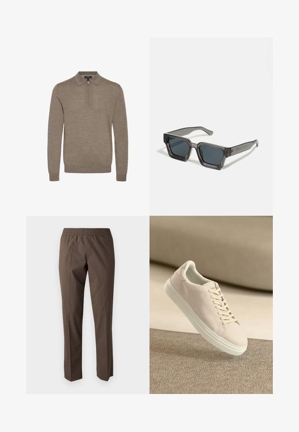 Suéter marrón claro con cuello con cremallera, mangas largas y una textura suave, hecho de un material de punto fino.; Pantalones marrones confeccionados en una tela suave, con una cinturilla elástica, diseño de pierna recta y sin bolsillos ni adornos visibles.; Zapatilla de ante beige con suela y cordones blancos, mostrada flotando sobre una alfombra de textura beige contra un suave fondo beige.; Jack & Jones JACPETER SUNGLASSES UNISEX - Gafas de sol - grey