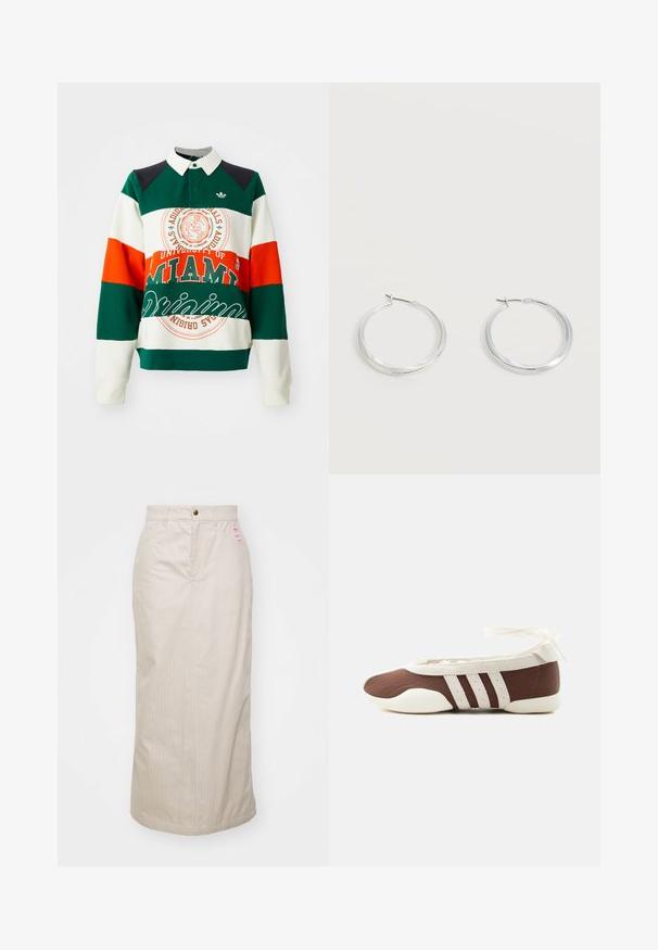 Groene, witte en oranje gestreepte sweatshirt met een kraag. Bevat een logo en tekst van de Universiteit van Miami, en een Adidas trefoil-embleem.; Beige gestreepte rok met een hoge taille, verborgen rits en metalen knoopsluiting. Inclusief een klein merklabel aan de voorkant.; Bruine en witte ballerinaschoenen met drie witte strepen en een strik om de enkel op een effen lichte achtergrond.; Zilverkleurige metalen creolen oorbellen met een glad, licht gebogen oppervlak en sluitingen met haaksluiting op een effen witte achtergrond.