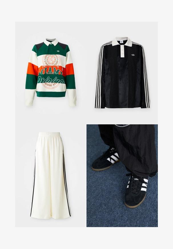 Grøn, hvid og orange stribet sweatshirt med krave. Har et University of Miami-logo og tekst samt et Adidas trefoil-emblem.; Sort fløjl langærmet polo shirt med en hvid ribbestrikket krave, tre knapper, struktureret front og tre hvide striber på hver ærme.; Hvide løse bukser med elastisk talje og sorte lodrette striber langs yderseams.; Sorte suedetrainingssko med tre hvide striber og sorte snørebånd. Et tekstureret sort bukser er delvist synligt ved siden af skoene.