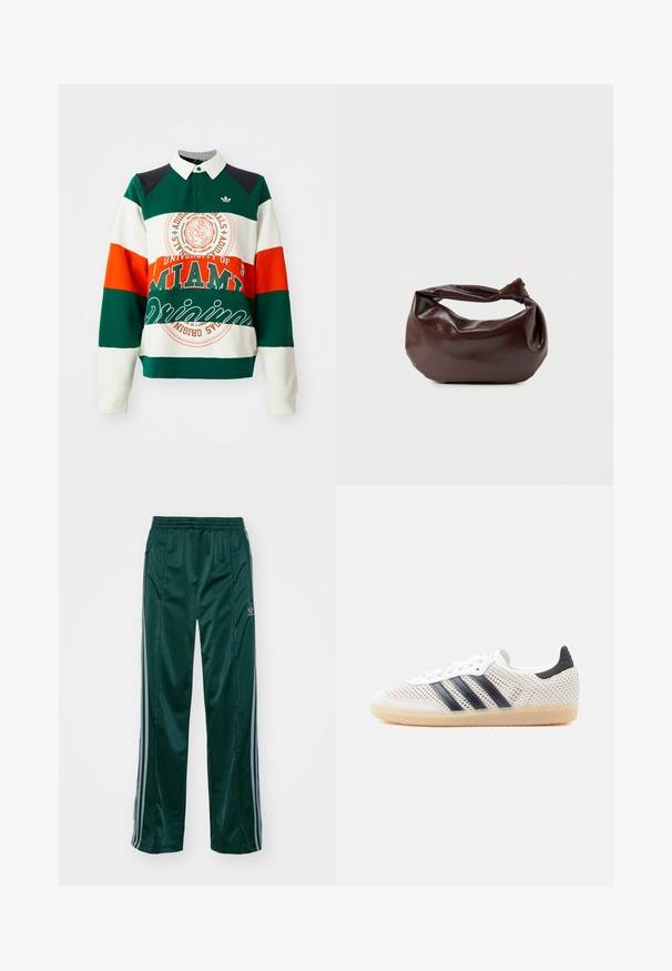 Grøn, hvid og orange stribet sweatshirt med krave. Har et University of Miami-logo og tekst samt et Adidas trefoil-emblem.; Mørkegrønne træningsbukser lavet af skinnende materiale, med sidelister i lys grå og et broderet logo på venstre ben.; Hvide mesh-sneakers med sort tre-stribet design, rundet tå og gummisål. Har blød hælkant og snørelukning.; Mørkebrun læder skuldertaske med en blød, afslappet form og et snoet knudehåndtag på en ensartet hvid baggrund.