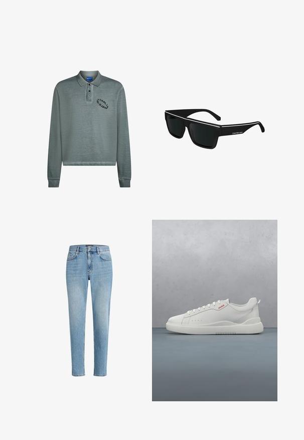 Langarm-Polo in gedämpftem Blaugrün mit geripptem Kragen und Bündchen. Schwarze Logostickerei auf der Brust. Weicher, strukturierter Stoff.; Hellblaue Denim-Jeans mit einem lässigen Schnitt, Fünf-Taschen-Design und dezenten Abnutzungserscheinungen. Mit einem Markenpatch nahe der Taille.; Weiße Sneaker aus glattem Leder, runde Spitze, vier Ösen, dezente Perforationen und ein rotes Logodetail an der Seite.; Calvin Klein Jeans Sonnenbrille - black