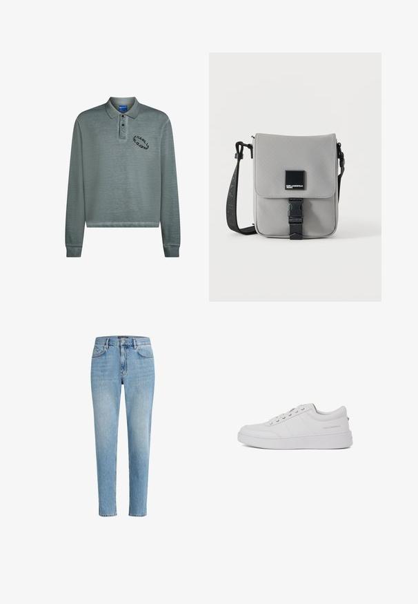Langærmet polo i dæmpet teal med ribbet krave og manchetter. Sort logo broderi på brystet. Blødt, struktureret stof.; Lyseblå denimjeans med en afslappet pasform, fem-lomme-design og diskret slitage. Har et mærketikette nær livet.; Hvide lædersneakers med et klassisk lavtop-design, flad sål og subtilt brandlogo på hælen. Har fem metaløjer til snørebånd.; Grå crossbody taske med sort justerbar rem, frontklap sikret med sort spænde, med et firkantet Karl Lagerfeld Jeans logo patch.