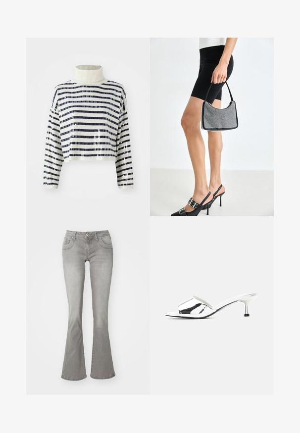 Cropped sweater med høj krave, der har marineblå og hvide vandrette striber samt en palietfinish for tekstur og glans.; Grå flagrende jeans med en middelhøj talje, frontlommer og knaplukning, lavet af denimstof med en glat tekstur.; Sølvfarvet åben tå slide sandale med lav kitten-hæl og skinnende metallisk finish på neutral baggrund.; Sort perlehandtaske med en buet silhuet, bærehåndtag og blank overflade. Båret med højhælede sorte sko og tætsiddende sorte shorts.