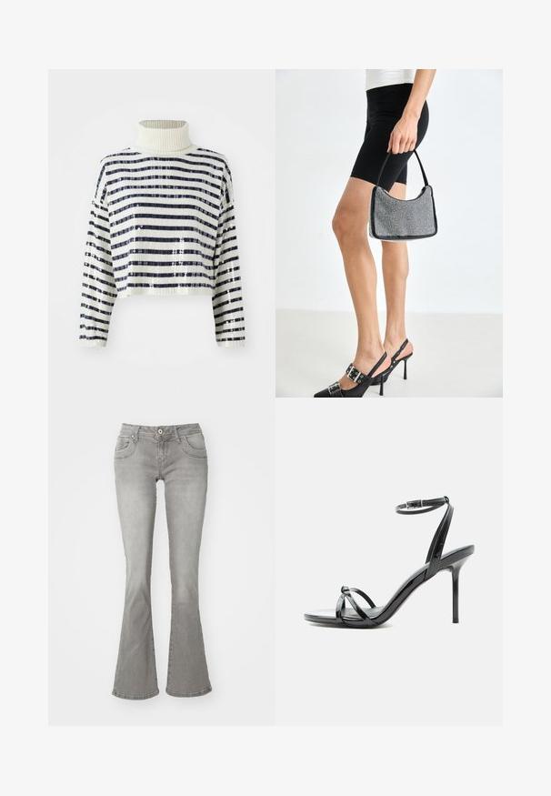 Cropped sweater med høj krave, der har marineblå og hvide vandrette striber samt en palietfinish for tekstur og glans.; Grå flagrende jeans med en middelhøj talje, frontlommer og knaplukning, lavet af denimstof med en glat tekstur.; Sort laklæder høje hæle sandal med tynde remme, der krydser tæerne, og en ankel spænde rem på en hvid baggrund.; Sort perlehandtaske med en buet silhuet, bærehåndtag og blank overflade. Båret med højhælede sorte sko og tætsiddende sorte shorts.