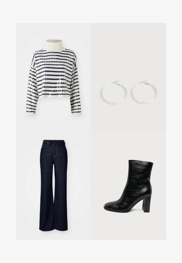 Cropped sweater med høj krave, der har marineblå og hvide vandrette striber samt en palietfinish for tekstur og glans.; Mørkeblå brede bukser lavet af denim, med høj talje, forlommer og en bindebåndslukning i taljen.; Sort glat læderankelstøvle med rundet tå og chunky høj hæl på en ensfarvet lys baggrund.; Par skinnende sølvøreringe med tynde trådlåse, vist på en lys grå baggrund.