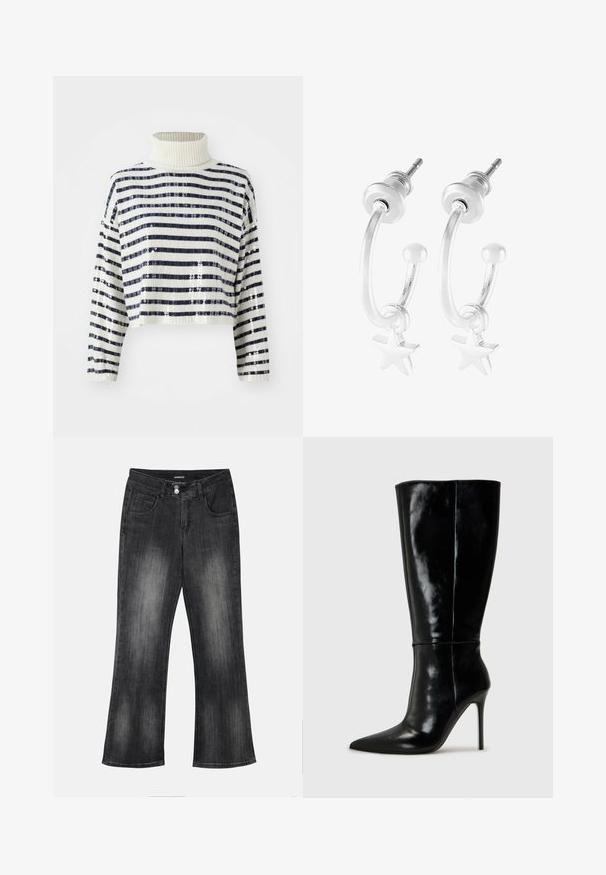 Cropped sweater med høj krave, der har marineblå og hvide vandrette striber samt en palietfinish for tekstur og glans.; Sorte afblegede denim jeans med lige ben, forlommer, bælteløkker og dobbeltknaplukning i taljen.; Sorte læderknælange støvler med spids tå og høj stilettohæl. Glat tekstur og slank design, med minimalt detaljer.; Sølv hoop øreringe med en stjernecharme, der har en poleret finish og buet design, sikret med en postlås.