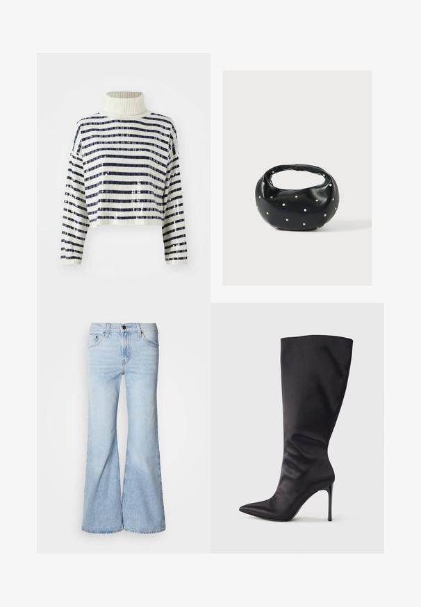 Cropped sweater med høj krave, der har marineblå og hvide vandrette striber samt en palietfinish for tekstur og glans.; Lyseblå vidde jeans med højtaljet design, lavet af denimstof, fem lommer og knaplukning. Benene er vide og har en let falmet finish.; Sort knæhøj stiletstøvle lavet af glat, glansfuldt materiale; spids tå; tætsiddende pasform med let samling nær anklen; skinnende hæl.; Sort læderhåndtaske med en rundet form, dekoreret med sølvnitter, og et kort håndtag. Glat tekstur og lynlåslukning.