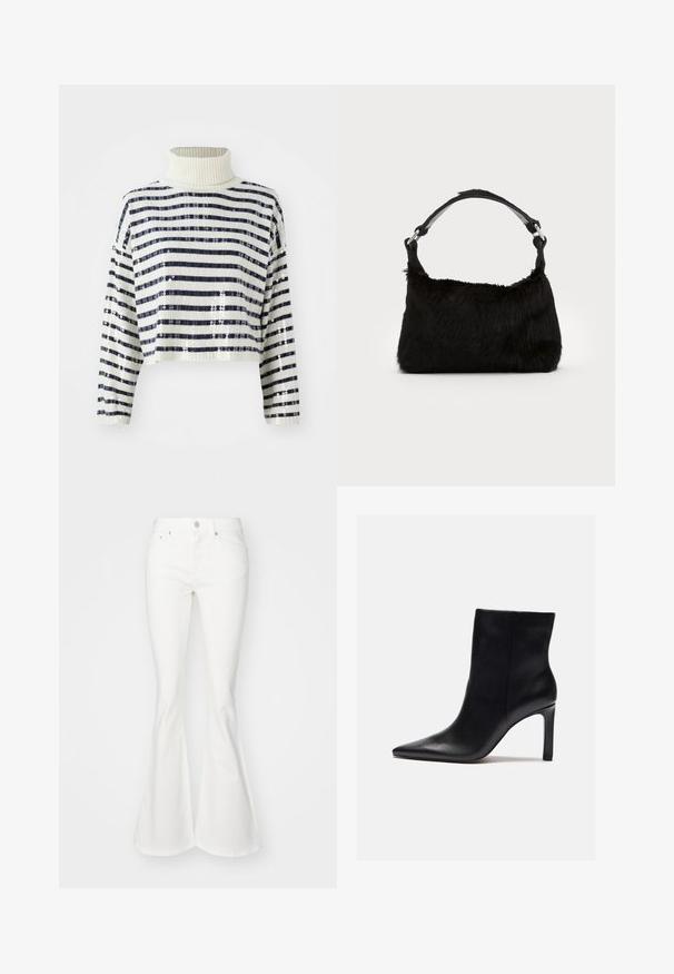 Cropped sweater med høj krave, der har marineblå og hvide vandrette striber samt en palietfinish for tekstur og glans.; Hvide denim jeans med sofort a-flair, smal talje, fem-lomme design og sølvknaplukning. Glat tekstur og klassisk stil.; Zign by Zalando Højhælede støvletter - black; Sort faux fur håndtaske med en blød tekstur, rund form og en robust skulderrem i sort læder. Synlige sølvhardware-detaljer.