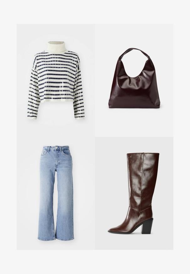 Cropped sweater med høj krave, der har marineblå og hvide vandrette striber samt en palietfinish for tekstur og glans.; Lysblå højtaljede brede jeans med for- og baglommer, knaplukning og subtil falming på lårene og kantene.; Høj, mørkebrun læderstøvle med spids tå og stablet blokhæl, vist fra siden på en ensfarvet baggrund.; Bordeaux, skinnende vegansk læder tote taske med en blød, skulpturel form og et bredt, buet håndtag for nem bæring.