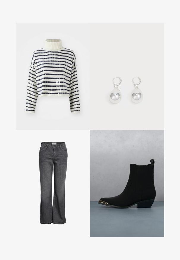 Cropped sweater med høj krave, der har marineblå og hvide vandrette striber samt en palietfinish for tekstur og glans.; Bredde ben jeans i mørkegrå denim. Har høj talje, traditionelt fem-lomme design og en ren kanten uden udsmykning.; Sorte ankelstøvler med teksturerede sider, spidse tæer og en lav hæl. Har et guld accent med "GUESS" på hælen. Anbragt på en mønstret fliseoverflade.; Sølv dråbeøreringe med glatte, runde, reflekterende overflader hængende fra svingelukkede låse. Baggrunden er helt hvid.