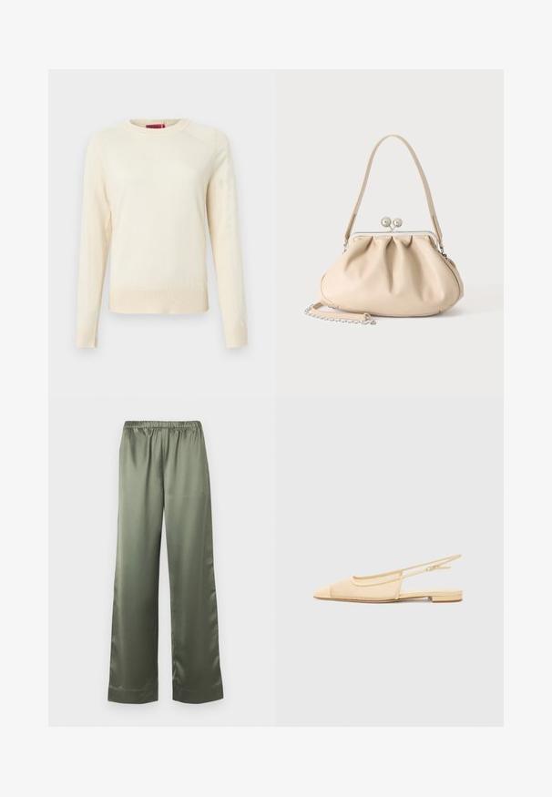 Pull couleur crème à manches longues, texture côtelée aux poignets et à l'ourlet, avec un col rond. Tissu lisse et design minimaliste.; Pantalon ample en satin vert olive avec une taille élastique et des jambes larges et droites.; Chaussure plate slingback en beige clair avec une tige en maille, un bout pointu et un petit talon. Dotée d'une sangle ajustable pour un bon maintien.; Sac à main en cuir souple beige avec un fermoir en métal argenté, une bandoulière simple et une bandoulière chaîne optionnelle sur fond blanc.