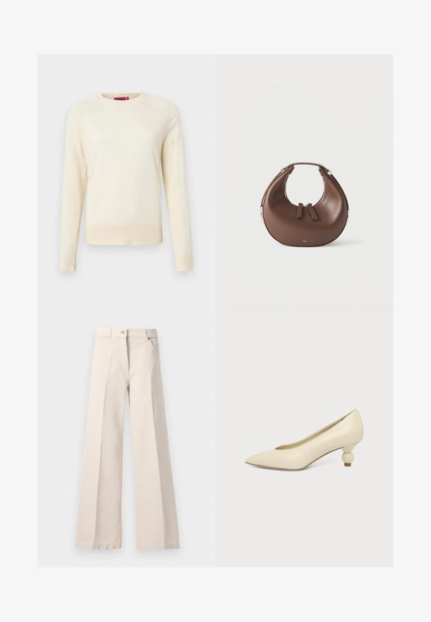 Pull couleur crème à manches longues, texture côtelée aux poignets et à l'ourlet, avec un col rond. Tissu lisse et design minimaliste.; Pantalons larges taille haute beige avec bouton avant, fermeture éclair, passants de ceinture et poches latérales sur un fond clair.; Chaussure femme couleur crème à bout pointu avec un petit talon rond en forme de boule, sur fond uni.; Sac à main en cuir marron en forme de croissant avec une poignée supérieure et deux curseurs de fermeture éclair, sur fond blanc.
