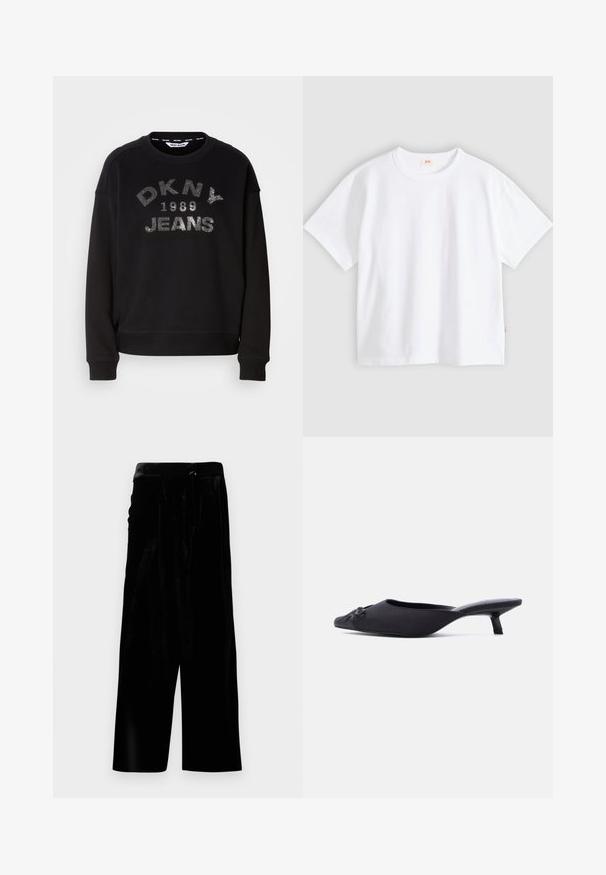 Mustat collegepaita, jossa on hopeakirjaimin "DKNY 1989 JEANS". Valmistettu pehmeästä kankaasta, jossa on ribbaus hihansuissa ja helmassa. Siisti, rento muotoilu.; Valkoinen puuvillainen t-paita, jossa on lyhyet hihat, pyöreä kaula-aukko, rento istuvuus, sileä pinta ja pieni logotarra vasemmassa sivusaumassa.; Mustat samettiset leveälahkeiset pantsit, joissa on korkea vyötärö ja sivuvetoketju, esitetty valkoista taustaa vasten.; Mustan naisen muulityylinen kenkä, jossa on terävä kärki, kangaspäällinen, pieni matala korko ja koristeellinen rusetti edessä, esitetty sivuprofiilissa.