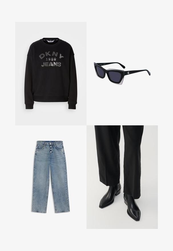 Čierna mikina s nápisom "DKNY 1989 JEANS" v striebornom písme. Vyrobená z mäkkej tkaniny, so žebrovanými manžetami a lemom. Čistý, neformálny dizajn.; Modré denimové džínsy s rovnými nohavicami, vysokým pásom, zapínaním na gombíky a prednými vreckami, zobrazené na bielom pozadí.; Čierne kožené členkové čižmy s špicatou špičkou, hladkou textúrou a štvorcovým podpätkom. Spárované s čiernymi širokými nohavicami, čím vytvárajú elegantný siluet.; Čierne oversized slnečné okuliare s geometrickým tvarom, s tmavými šošovkami a kontrastným šedým detailom na ráme. Logo na mostíku.