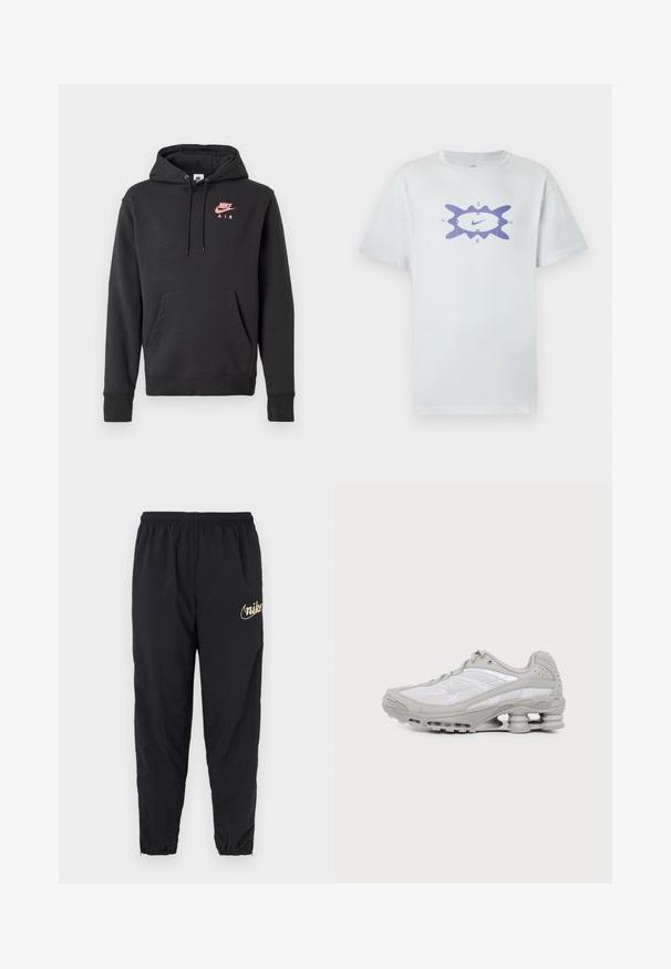 Sudadera Nike Air negra con bolsillo frontal, capucha con cordón y logotipo rosa en el pecho, exhibida sobre un fondo blanco liso.; Camiseta blanca de algodón con un corte holgado, que presenta un diseño gráfico púrpura en el centro, rodeado por un contorno ondulado. Manga corta.; Pantalones deportivos negros hechos de material ligero. Incluyen una cintura elástica y dobladillos ajustados. Detalle de logo dorado en el muslo.; Zapatilla deportiva gris y blanca con suela visible de amortiguación de aire y paneles de malla, mostrada de perfil sobre un fondo claro y sencillo.