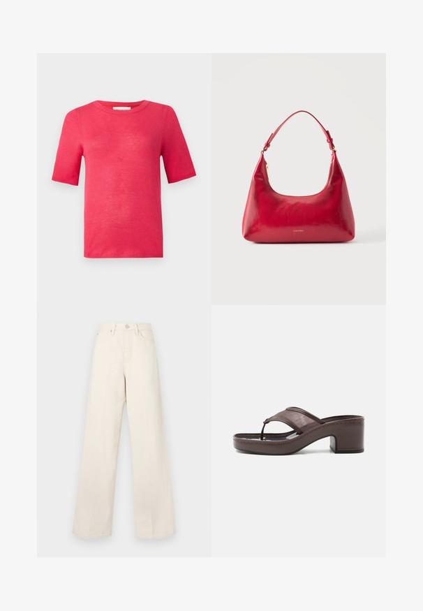 T-shirt à manches courtes et col rond de couleur rose vif. Fabriqué en matériau léger avec une texture lisse et des coutures minimales.; Pantalons larges beiges à taille haute, fabriqués dans un tissu doux et texturé. Équipés d'un zip à bouton et de poches avant pour plus de fonctionnalité.; Sandale marron à talon avec lanière en mesh et design en tige, dotée d'un talon bloc et d'une semelle cousue, présentée de profil sur fond blanc.; Sac à épaule en cuir rouge avec fermeture éclair dorée et sangle réglable, logo Calvin Klein centré à l'avant.