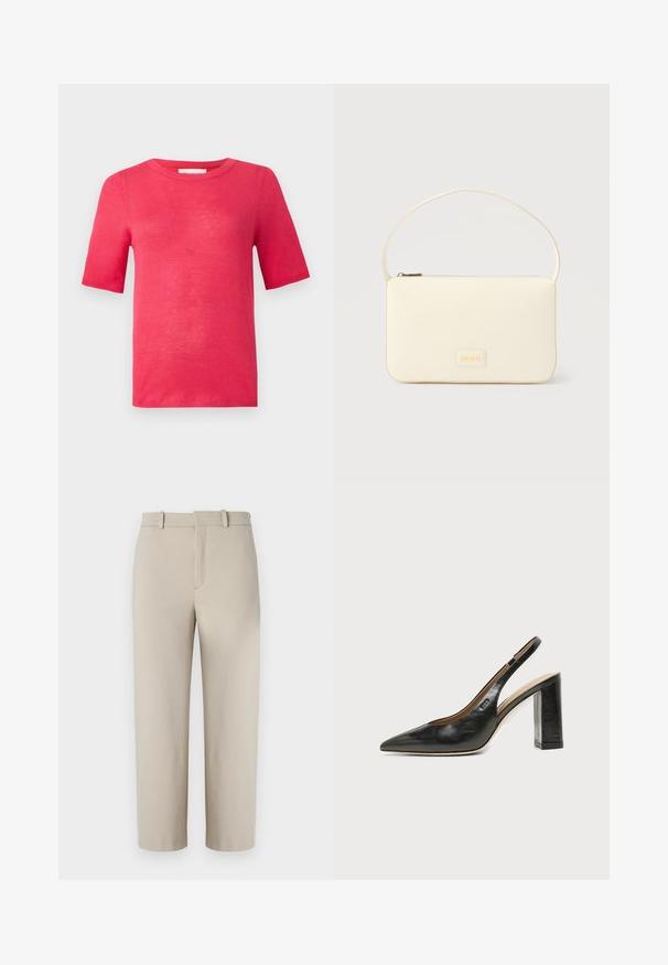 T-shirt à manches courtes et col rond de couleur rose vif. Fabriqué en matériau léger avec une texture lisse et des coutures minimales.; Pantalons beiges coupés, design ajusté, devant plat avec fermeture éclair dissimulée, deux poches latérales, fabriqués en tissu en coton mélangé lisse.; Chaussure slingback en cuir noir à bout pointu avec un talon bloc haut et une doublure intérieure beige sur un fond clair uni.; Sac à main rectangulaire de couleur crème avec une seule sangle et une fermeture éclair sur le dessus, comportant une petite plaque de logo embossé à l'avant.