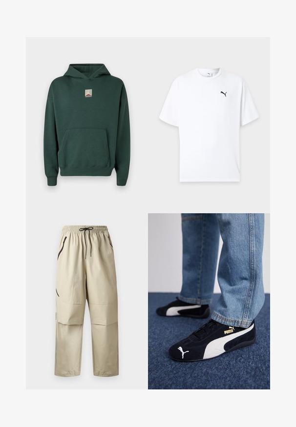 Groene katoenen hoodie met een voorkantzak, lange mouwen en een grafisch logo op de borst. Voorzien van een capuchon met trekkoord en geribde manchetten.; Witte T-shirt met korte mouwen en ronde hals met een klein zwart Puma-logo op de linkerborst tegen een lichte achtergrond.; Beige lichte broek met elastische tailleband, zwarte trekkoorden en ritszakken aan de zijkant, voorkant zichtbaar tegen een effen achtergrond.; Zwarte suède sneakers met witte accenten, voorzien van een gouden logo. Gemaakt met lichtblauwe spijkerbroek en geplaatst op een textuur blauwe ondergrond.