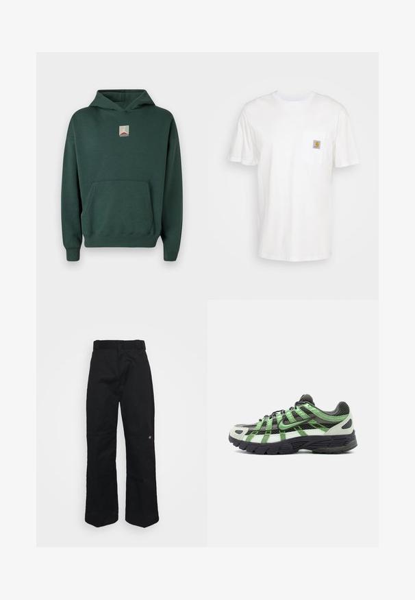 Groene katoenen hoodie met een voorkantzak, lange mouwen en een grafisch logo op de borst. Voorzien van een capuchon met trekkoord en geribde manchetten.; Witte katoenen t-shirt met korte mouwen, een borstzak en een klein vierkant logo-opdruk in oranje en wit op de zak.; Zwarte broek gemaakt van stevig stof, met een rechte pijpvorm, riemlussen en een klein logo aan de onderzijde.; Zwart-witte hardloopschoen met groene accenten, bovenwerk van mesh en dikke zwarte zool, zijaanzicht op witte achtergrond.