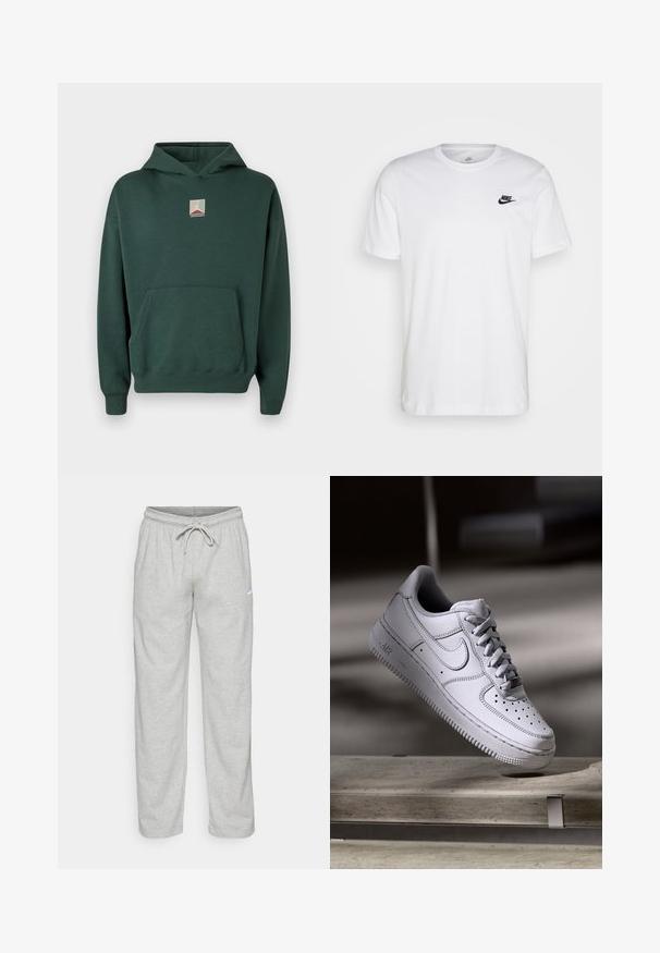 Groene katoenen hoodie met een voorkantzak, lange mouwen en een grafisch logo op de borst. Voorzien van een capuchon met trekkoord en geribde manchetten.; Witte katoenen t-shirt met ronde hals, korte mouwen en een zwart Nike-logo op de linkerkant van de borst. Eenvoudig, effen kleur ontwerp.; Lichtgrijze sweatpants van zachte stof. Heeft een elastische tailleband met trekkoord en een zwart Nike-logo op de linker bovenbeen.; Witte Nike Air Force 1 sneaker van leer met geperforeerde neus, platte veters en een gestructureerde rubberen zool met "AIR"-logo aan de zijkant.