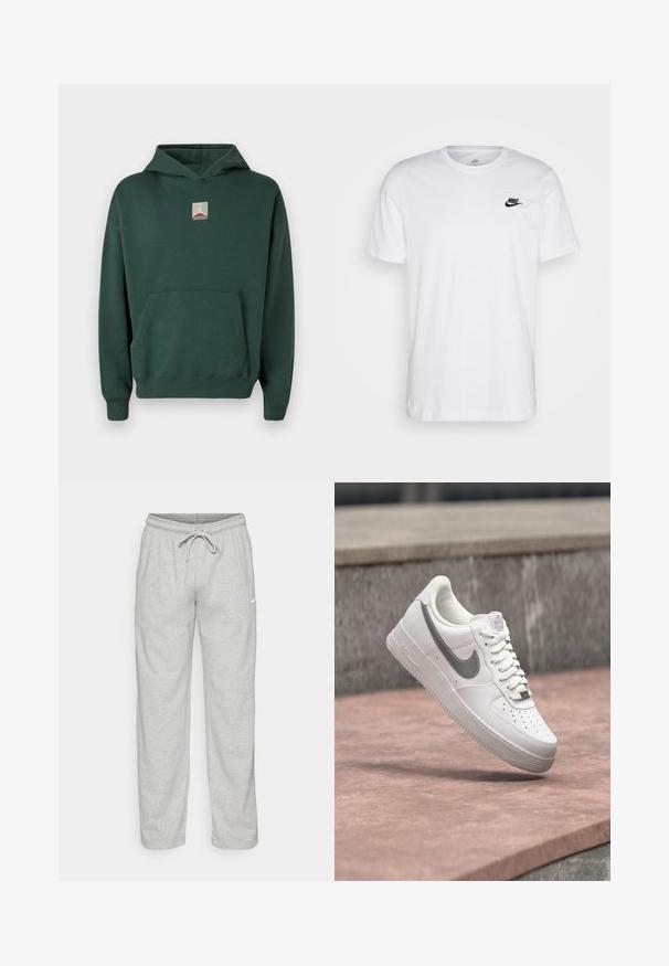 Grüner Baumwoll-Hoodie mit einer Fronttasche, langen Ärmeln und einem grafischen Logo auf der Brust. Verfügt über eine Kordelzugkapuze und gerippte Bündchen.; Weißes Baumwoll-T-Shirt mit Rundhalsausschnitt, kurzen Ärmeln und einem schwarzen Nike-Logo auf der linken Brust. Einfaches, einfarbiges Design.; Helle graue Sweatpants aus weichem Stoff. Mit einem elastischen Bund und Kordelzug sowie dem schwarzen Nike-Logo auf dem linken Oberschenkel.; Weißer Nike Air Force 1 Sneaker mit grauem Swoosh-Logo, der über einer Steinoberfläche und einem grauen Steinwandhintergrund schwebt.