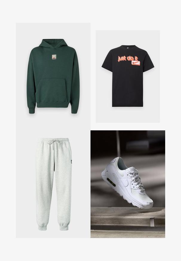 Groene katoenen hoodie met een voorkantzak, lange mouwen en een grafisch logo op de borst. Voorzien van een capuchon met trekkoord en geribde manchetten.; Zwart Nike T-shirt met korte mouwen met oranje graffiti-stijl "Just do it" tekst en Nike swoosh-logo aan de voorkant.; Lichtgrijze sweatpants van zacht materiaal met een elastische tailleband, trekkoord en geribbelde boorden; voorzien van een klein logo aan de zijkant.; Witte Nike Air Max 90 sneaker met een bovenwerk van mesh en leer, een geperforeerde teenbox en een zichtbare luchtunit in de hiel.