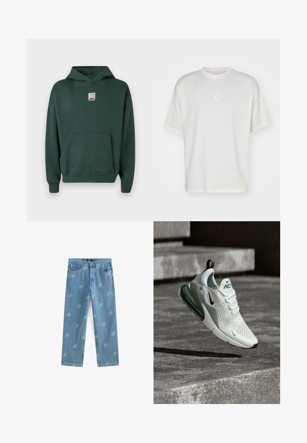 Groene katoenen hoodie met een voorkantzak, lange mouwen en een grafisch logo op de borst. Voorzien van een capuchon met trekkoord en geribde manchetten.; Witte katoenen t-shirt met een ronde halslijn, korte mouwen en een klein geborduurd logo in het midden. Losse pasvorm met minimale stiksels.; Lichtblauwe denim jeans met een sterpatroon in een lichtere tint. Rechte pasvorm met vijf zakken en een knoopsluiting.; Witte en grijze Nike Air Max sneaker zwevend boven betonnen traptreden, waarbij de demping en het ademende ontwerp worden benadrukt.