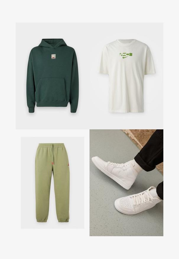 Grøn bomulds-hoodie med en frontlomme, lange ærmer og et grafisk logo på brystet. Har en hætte med snore og ribbede manchetter.; Hvid bomulds t-shirt med et grønt grafisk print med ordet "NIKE" og logo. Korte ærmer og rund hals. Glat tekstur.; Oliven grønne joggingbukser med elastisk taljebånd, snøre med røde ender, elastiske manchetter og lille rødt logo på øvre lår.; Hvide høj-top sneakers lavet af glat læder med perforeret tå, snørelukning og subtil logo detaljer på siden. Tekstureret gummisål.