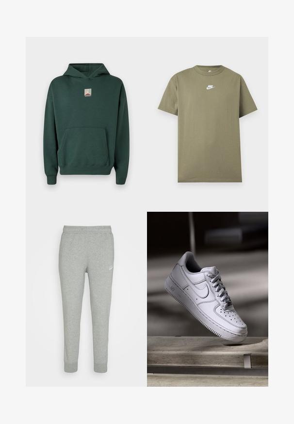 Groene katoenen hoodie met een voorkantzak, lange mouwen en een grafisch logo op de borst. Voorzien van een capuchon met trekkoord en geribde manchetten.; Olijfgroene Nike T-shirt met korte mouwen en ronde hals met een wit logo op de borst op een effen lichtgrijze achtergrond.; Grijze trainingsbroek van zacht materiaal, met een taps toelopend ontwerp, elastische tailleband en klein wit Nike-logo op de linker bovenbeen.; Witte Nike Air Force 1 sneaker van leer met geperforeerde neus, platte veters en een gestructureerde rubberen zool met "AIR"-logo aan de zijkant.