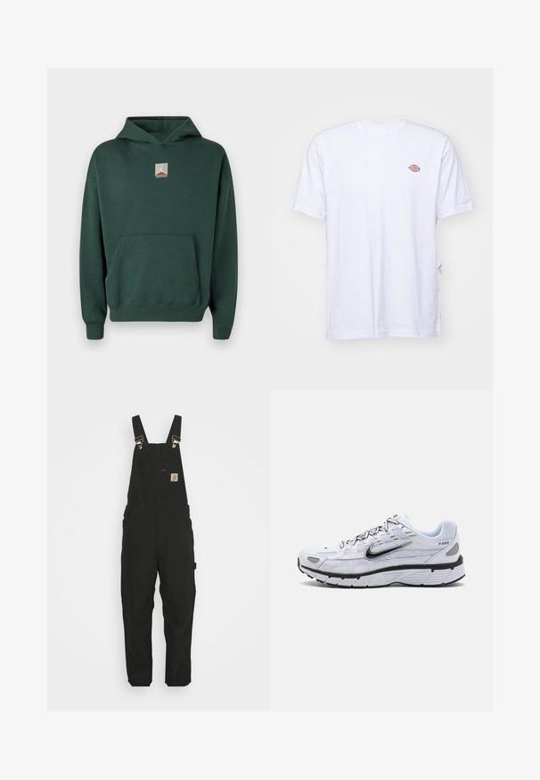 Grüner Baumwoll-Hoodie mit einer Fronttasche, langen Ärmeln und einem grafischen Logo auf der Brust. Verfügt über eine Kordelzugkapuze und gerippte Bündchen.; Weißes Baumwoll-T-Shirt mit V-Ausschnitt und kurzen Ärmeln. Besitzt ein kleines, buntes, gesticktes Logo auf der linken Brustseite. Weiches Material.; Schwarze Baumwoll-Latzhosen mit verstellbaren Trägern, einer Fronttasche mit Logo-Patch und zwei Seitentaschen im entspannten Schnitt.; Weißer Laufschuh mit Obermaterial aus Mesh, abgerundetem Zeh, schwarzen Akzenten und gemusterter Sohle. Verfügt über Schnürung und Branding an der Seite.