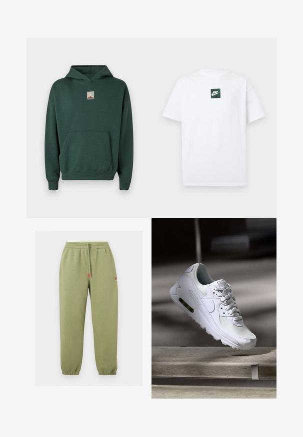 Roheline puuvillane kapuutsiga sviiter, millel on eesmine tasku, pikad varrukad ja graafiline logo rinnal. Omab kinnitatavat kapuutsit ja ribasid varrukatel.; Valge lühikeste varrukatega Nike T-särk, millel on väike roheline ruutlogo, kus on Nike swoosh ja tekst, mis asub rinnal keskel.; Oliivrohelised dressipüksid elastse vöökohaga, pael punaste otstega, elastsete mansettidega ja väike punane logo ülemisel reiel.; Valged Nike Air Max 90 sneakers, millel on võrkkangast ja nahast ülemine osa, aukudega varbadosa ning nähtav õhuüksus kandades.